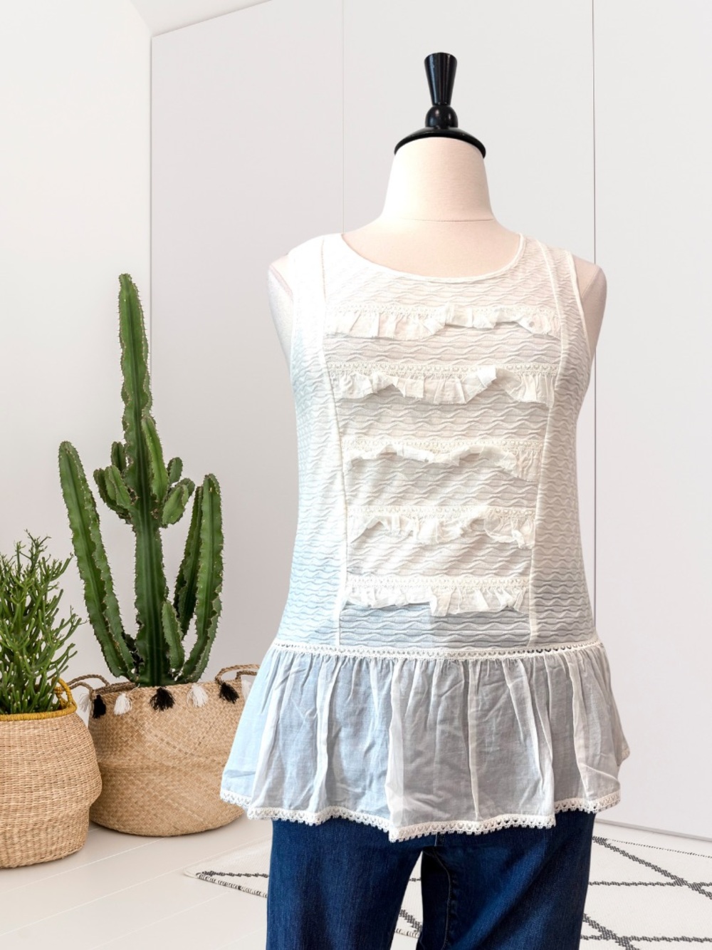 Free People Sleeveless Ruffle Trim Textured Tunic Top